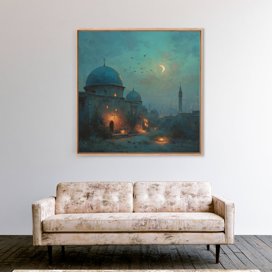 Moonlit Desert Dome Wall Art, Crescent Moon Islamic Architecture Painting, Moroccan Decor, Teal Blue Canvas Print, Ramadan Gift