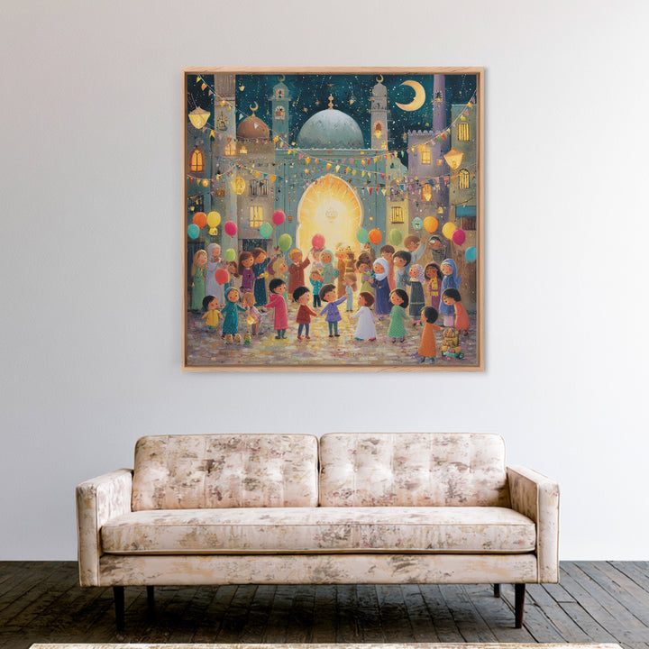 Whimsical Eid Festival Mosque Wall Art, Children With Balloons Islamic Decor, Ramadan Celebration Nursery Art Print Gift
