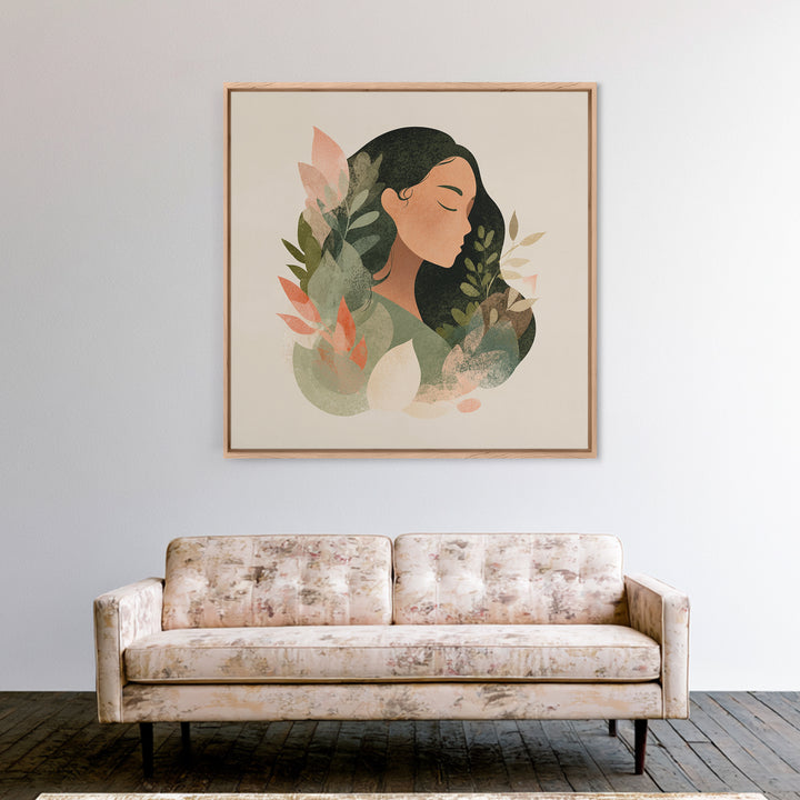 Serene Botanical Woman Portrait Canvas Print, Neutral Boho Wall Decor, Minimalist Art Print For Bedroom Living Room Home Decor