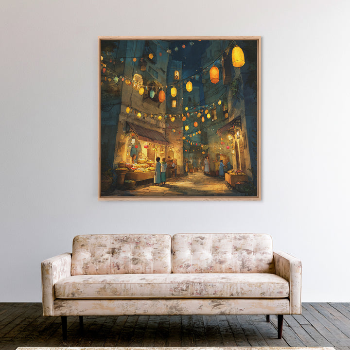 Glowing Lantern Night Market Alley With Food Stalls Wall Art, Moroccan Decor, Mediterranean Travel Poster, Kitchen Wall Art