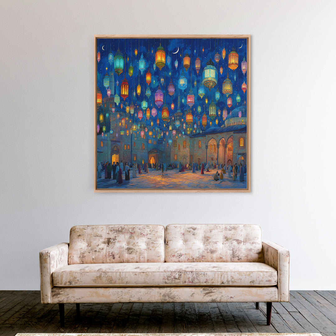 Colorful Ramadan Lanterns Over Courtyard Wall Art, Islamic Canvas Print, Arabic Home Decor, Eid Gift, Mystical Night Scene