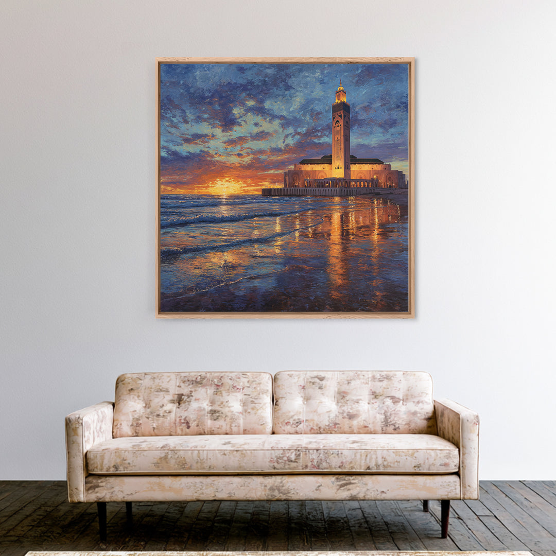 Sunset Mosque On Moroccan Coast Canvas Print, Islamic Wall Art, Ocean Seascape, Morocco Travel Poster, Coastal Home Decor
