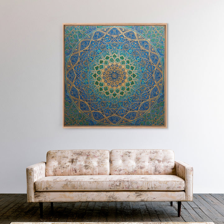 Blue Gold Islamic Geometric Mandala Wall Art, Moroccan Mosaic Canvas Print, Arabic Decor Gift For Prayer Room