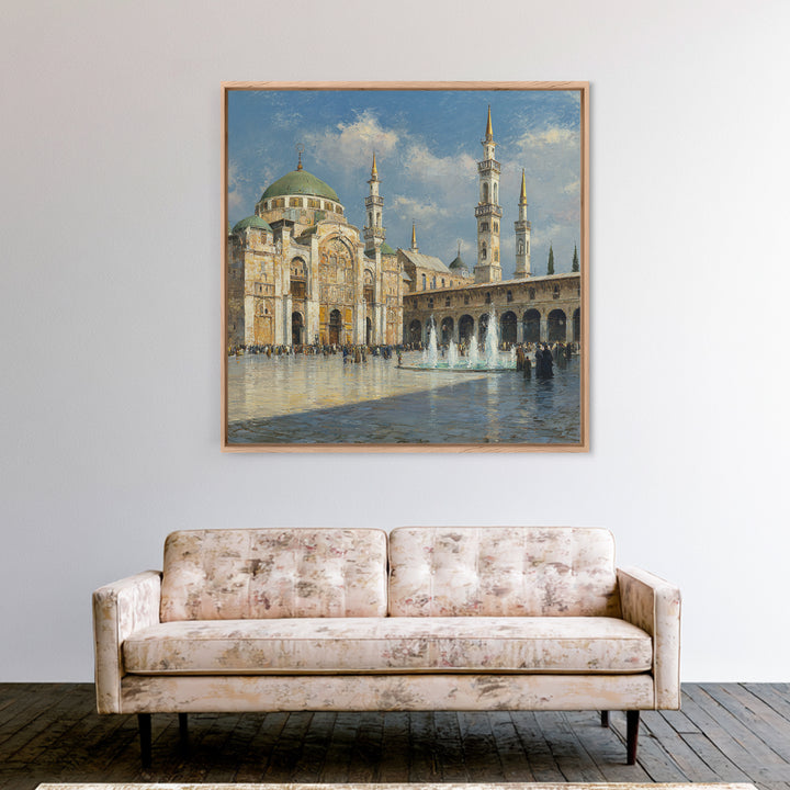 Grand Mosque Courtyard Framed Canvas Print, Islamic Architecture Wall Art, Impressionist Travel Poster, Elegant Office Decor