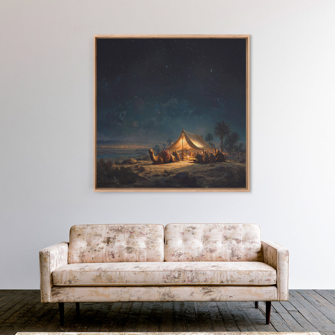 Starlit Desert Camp Canvas Print, Camel Caravan Landscape Art, Celestial Night Sky Wall Decor, Boho Travel Poster Gift For Him