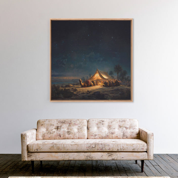 Starlit Desert Camp Canvas Print, Camel Caravan Landscape Art, Celestial Night Sky Wall Decor, Boho Travel Poster Gift For Him
