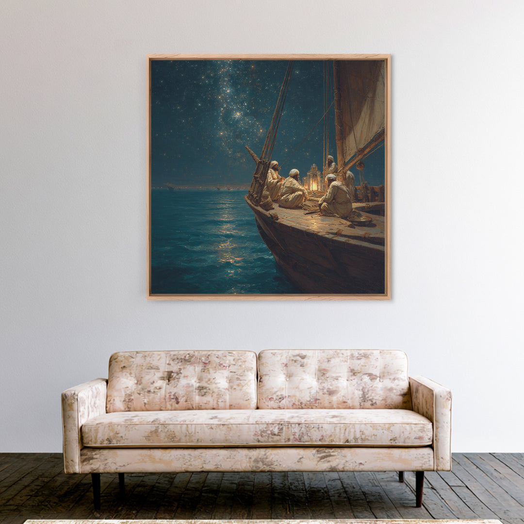 Starlit Arabian Sailboat Canvas Print, Nautical Wall Art, Ocean Night Seascape, Coastal Decor, Travel Inspired Art, Starry Sky