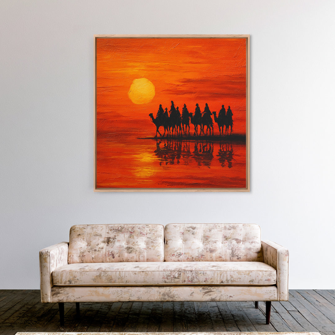 Camel Caravan At Orange Desert Sunset Wall Art, Moroccan Travel Canvas Print, Sahara Landscape Decor, Boho Housewarming Gift