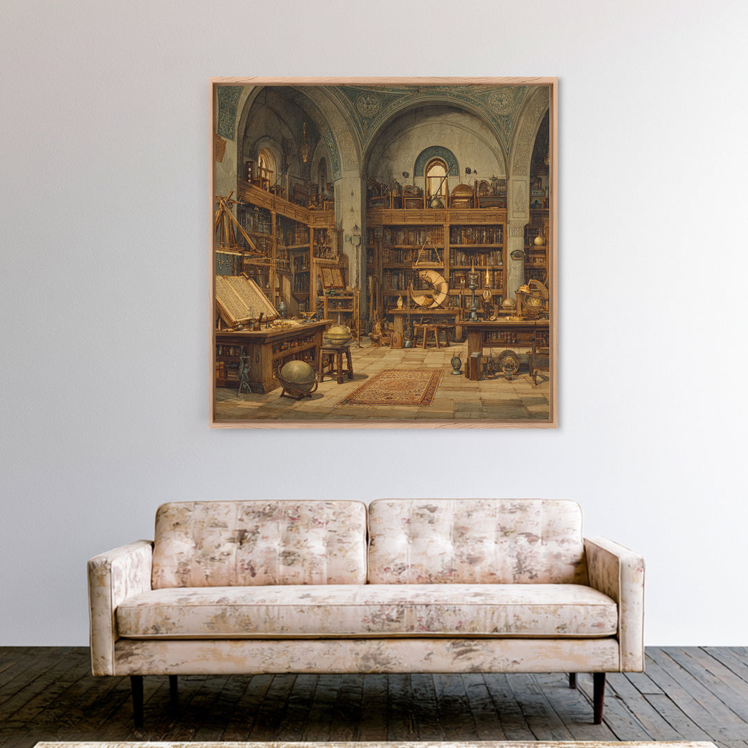 Antique Scholar Library With Globes And Manuscripts Framed Canvas Print, Dark Academia Wall Art, Office Decor, Book Lover Gift