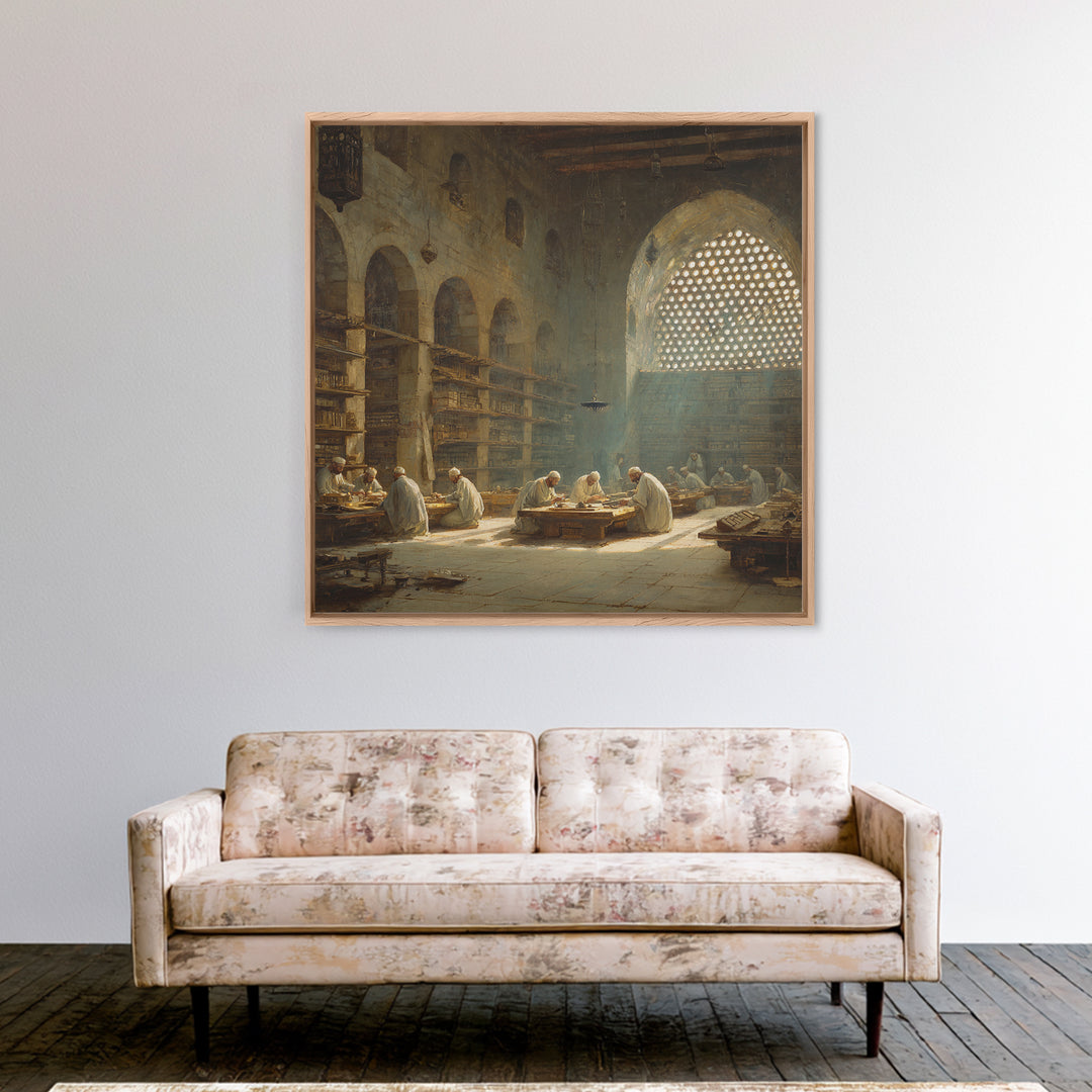 Sunlit Ancient Library Scholars Wall Art, Islamic Architecture Canvas, Dark Academia Decor, Historical Fine Art Print Gift
