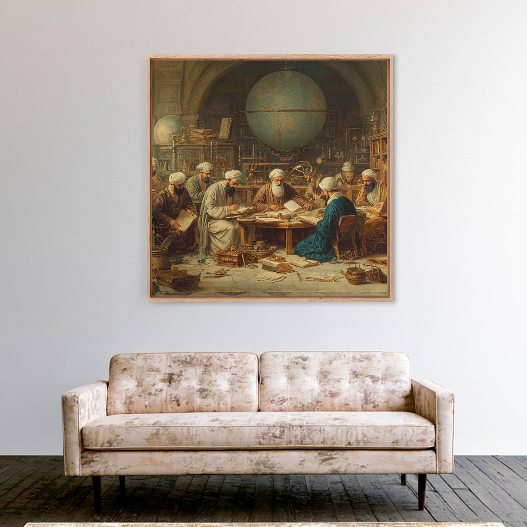 Ancient Scholars With Globe Wall Art, Islamic Golden Age Study Framed Canvas Print, Historical Library Office Decor Gift