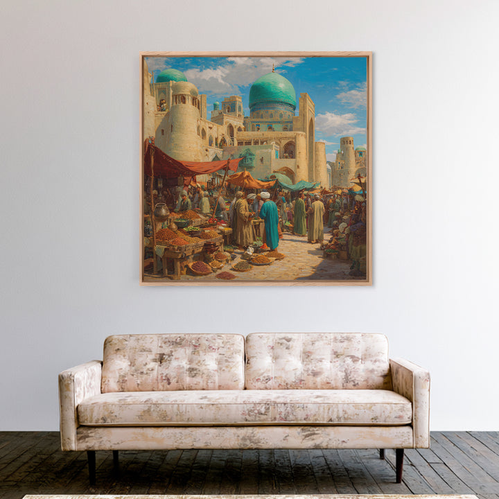 Turquoise Dome Bazaar Wall Art, Silk Road Market Painting, Islamic Architecture Decor, Moroccan Style Travel Art Print, Canvas Print