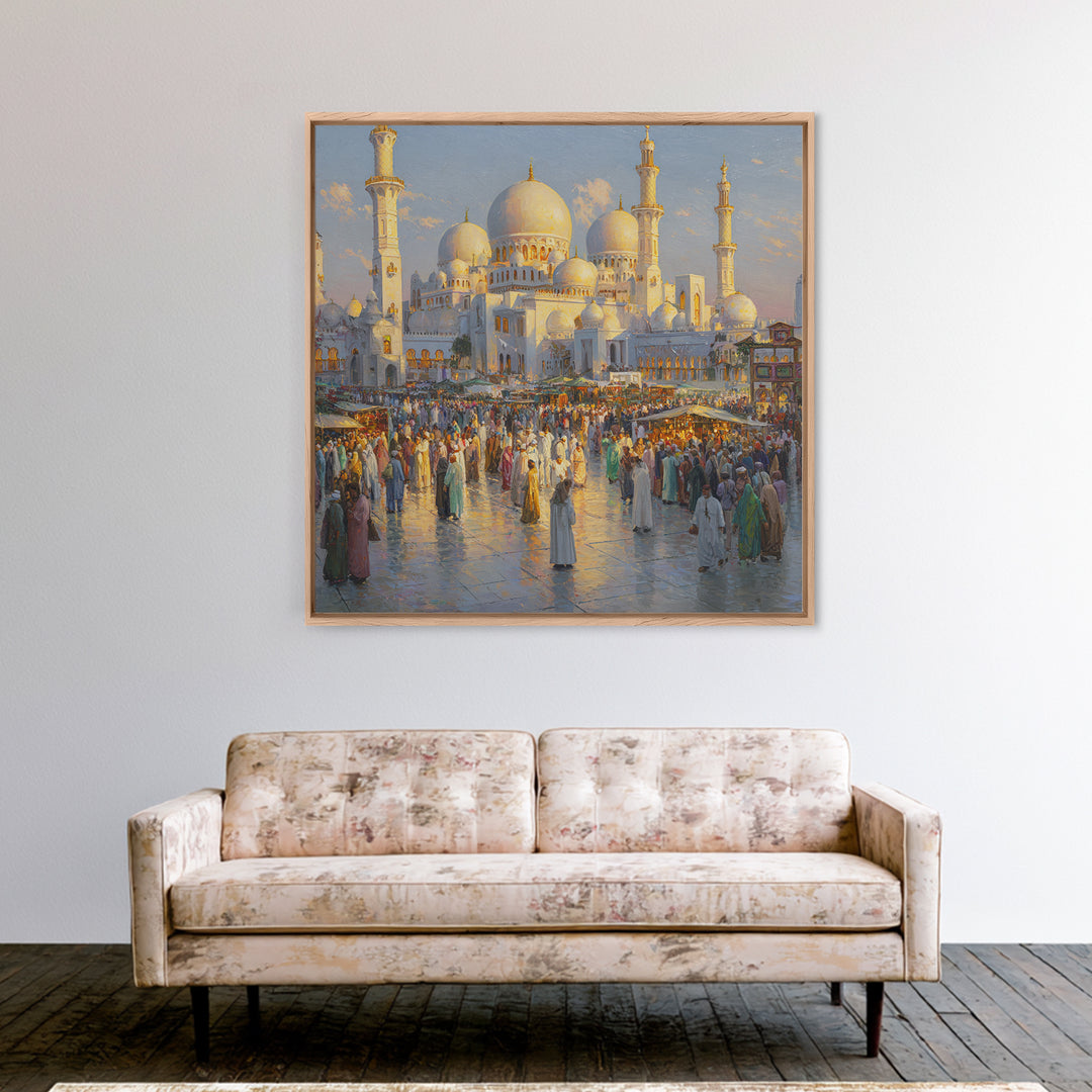 Grand White Mosque And Market Crowd Wall Art, Islamic Architecture Print, Middle Eastern Decor, Travel Gift For Living Room