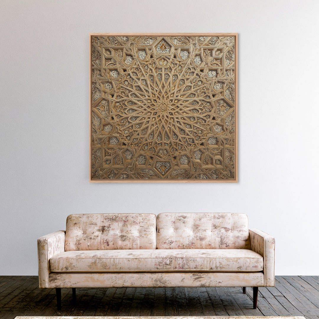 Ornate Islamic Geometric Star Ceiling Wall Art, Moroccan Pattern Framed Canvas Print, Gold Mandala Home Decor For Living Room