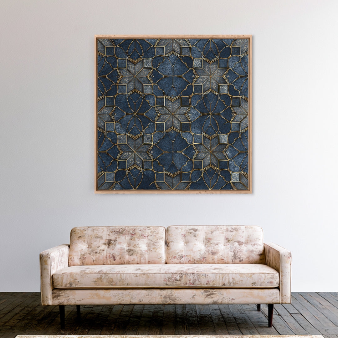 Blue Gold Geometric Tile Pattern Wall Art, Moroccan Art Deco Canvas Print, Luxury Modern Abstract Home Decor Gift For Her