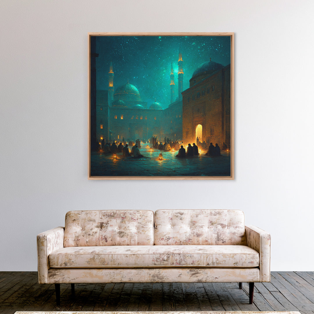 Teal Lantern Prayer Courtyard Wall Art, Islamic Framed Canvas Print, Ramadan Decor, Spiritual Wall Art, Moody Mosque Scene