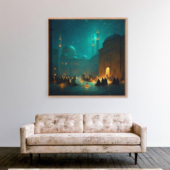 Teal Lantern Prayer Courtyard Wall Art, Islamic Framed Canvas Print, Ramadan Decor, Spiritual Wall Art, Moody Mosque Scene