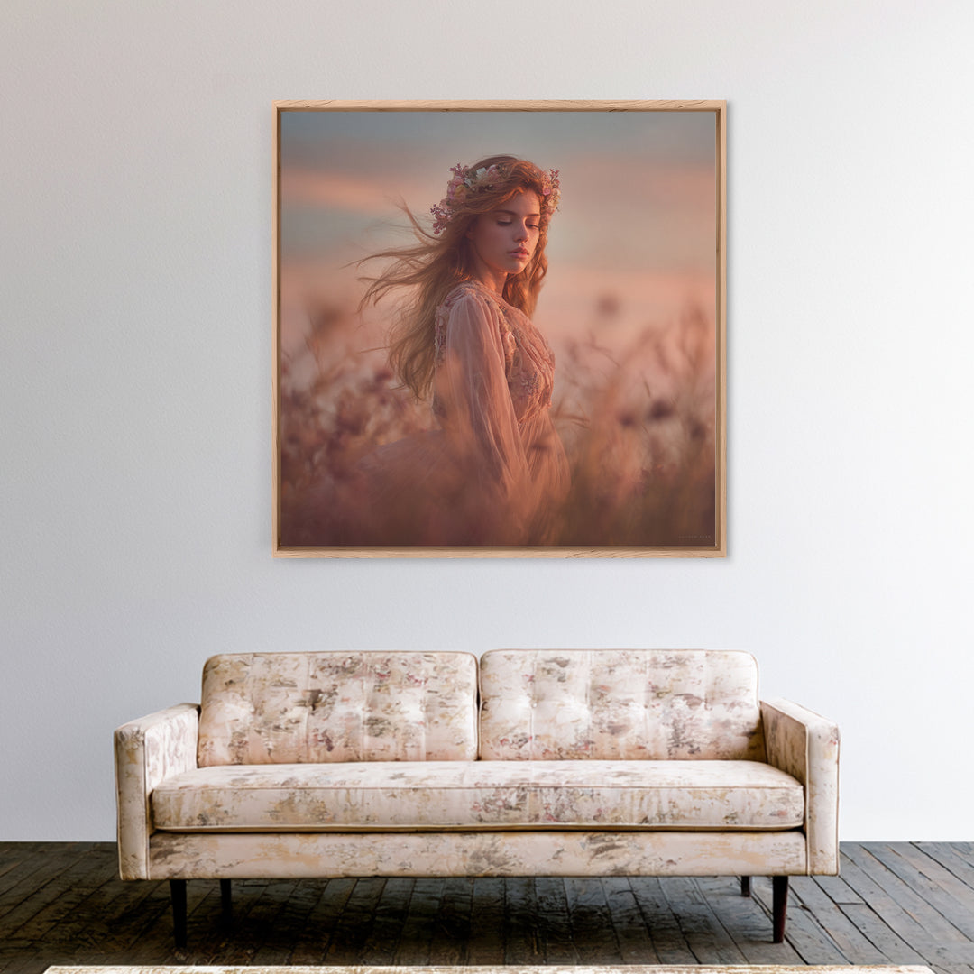 Ethereal Woman In Wildflower Meadow Canvas Print, Romantic Feminine Wall Art, Soft Pastel Bedroom Decor Living Room Gift For Her