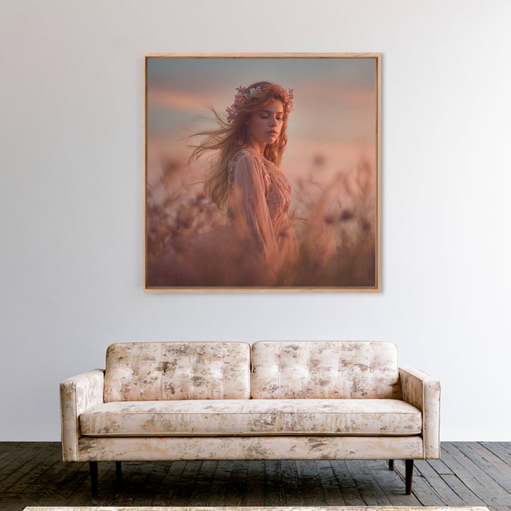Ethereal Woman In Wildflower Meadow Canvas Print, Romantic Feminine Wall Art, Soft Pastel Bedroom Decor Living Room Gift For Her
