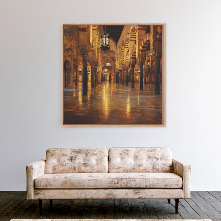 Golden Mosque Corridor Wall Art, Islamic Architecture Print, Moroccan Home Decor, Warm Lantern Canvas For Living Room Decor