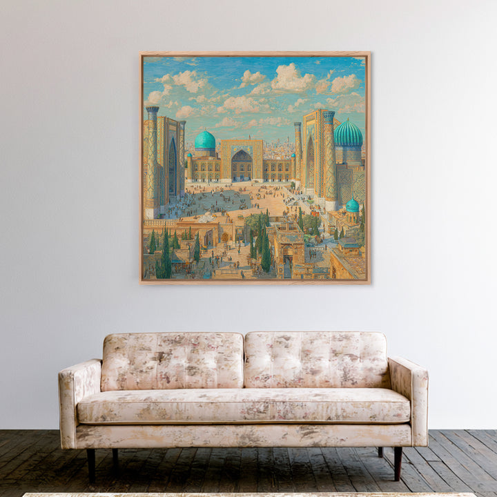 Sunlit Samarkand Mosque Courtyard Wall Art, Islamic Architecture Travel Poster, Blue Tile Decor, Asian Framed Canvas Print