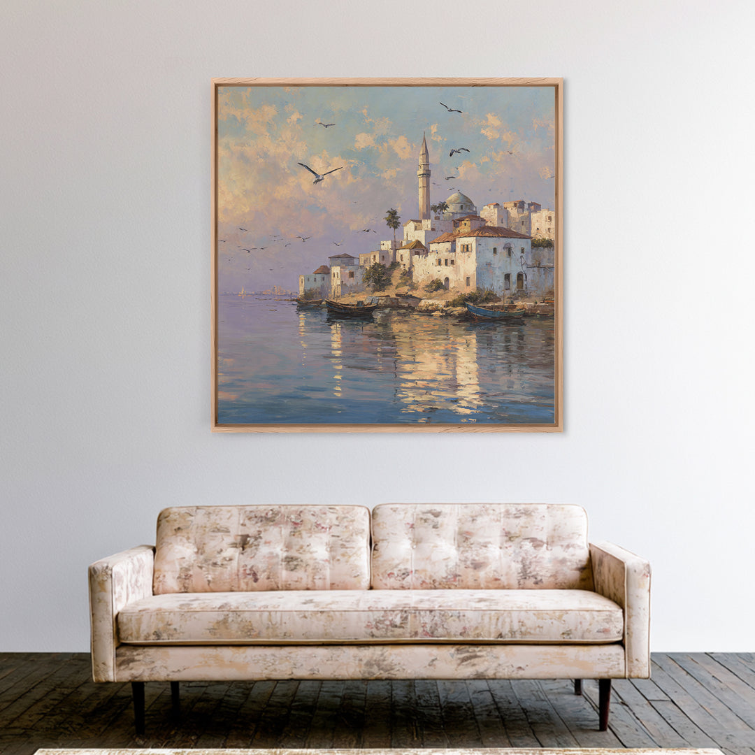 Sunlit Coastal Mosque Village Canvas Print, Mediterranean Seaside Landscape Art, Travel Poster, Coastal Wall Decor For Home