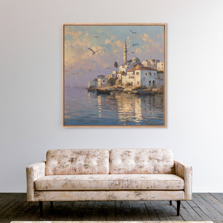 Sunlit Coastal Mosque Village Canvas Print, Mediterranean Seaside Landscape Art, Travel Poster, Coastal Wall Decor For Home