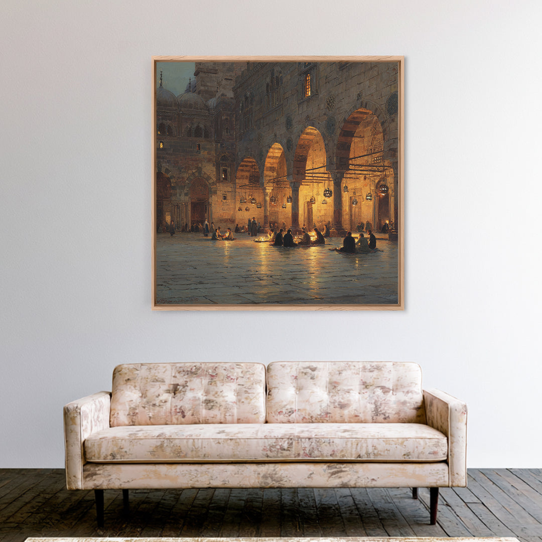 Lantern Lit Islamic Courtyard At Night Wall Art, Jerusalem Mosque Painting, Arabic Architecture, Prayer Room Decor Gift Print