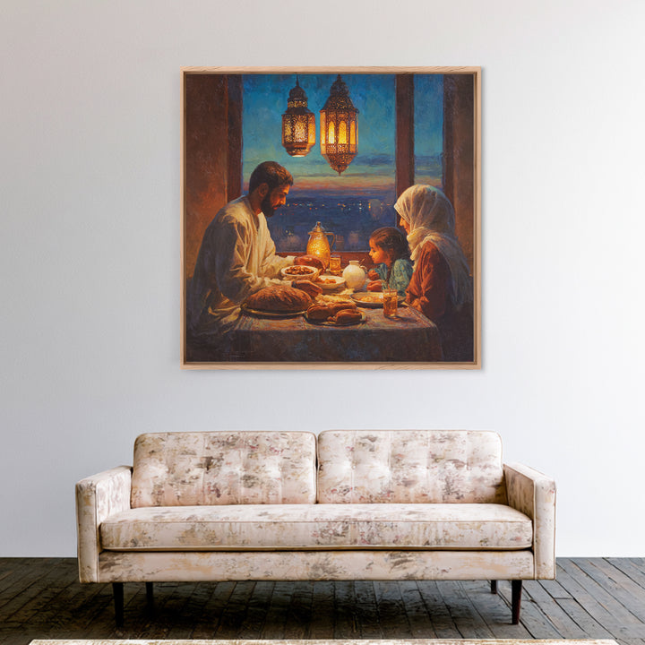 Ramadan Family Iftar By Lanterns Framed Canvas Print, Islamic Home Decor, Warm Dining Room Wall Art, Muslim Gift, Ramadan Eid Decor