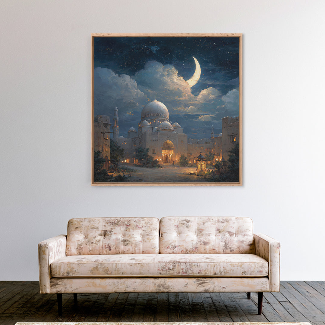 Crescent Moon Mosque Framed Canvas Print, Islamic Architecture Wall Decor, Ramadan Eid Art, Serene Night Sky Home Decor Gift