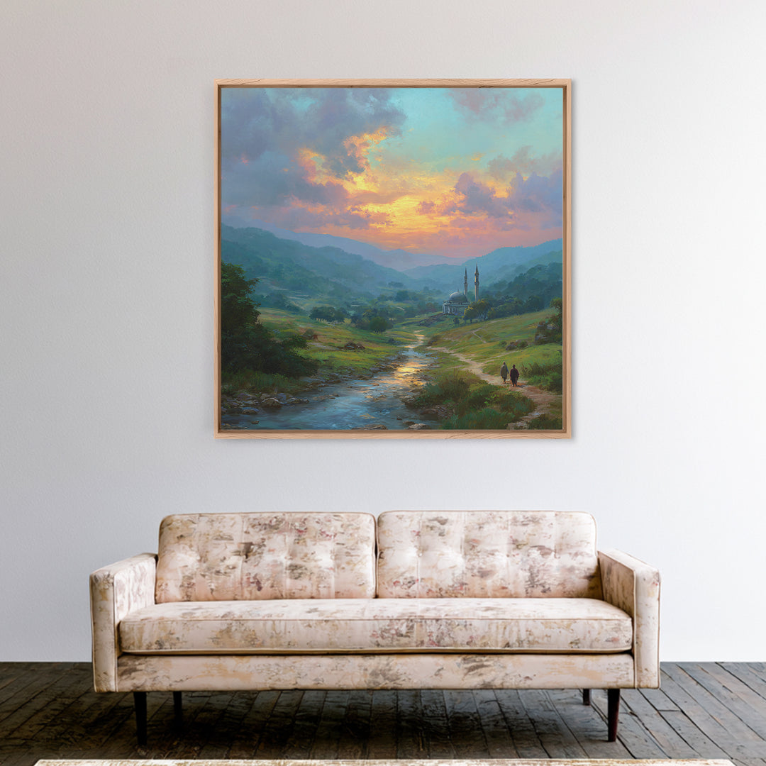 Sunset Valley Mosque And River Landscape Wall Art, Islamic Home Decor, Serene Nature Print, Peaceful Living Room Decor, Housewarming Gift