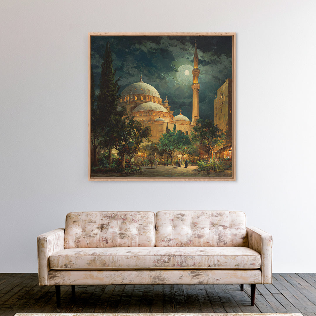 Moonlit Mosque Courtyard At Night Wall Art, Islamic Architecture Canvas Print, Ramadan Decor, Prayer Room Poster For Home Decor