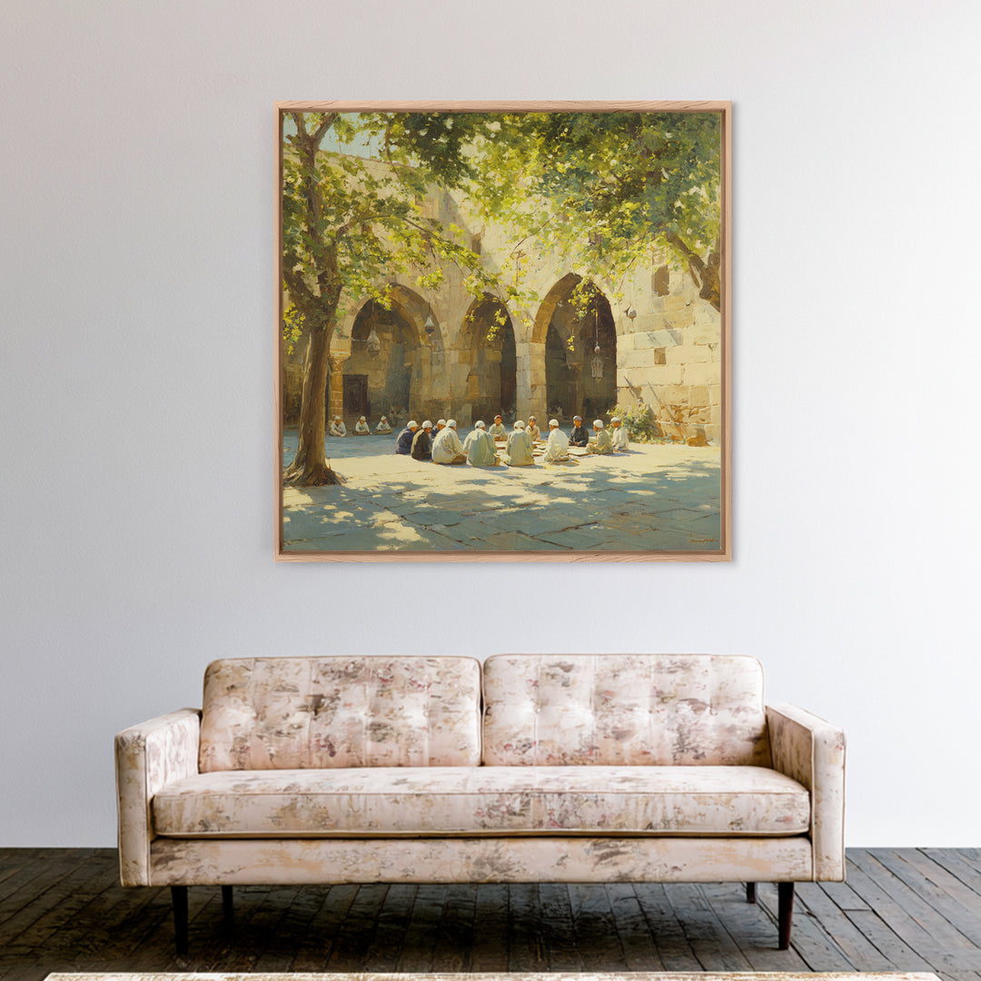 Sunlit Mosque Courtyard Gathering Under Trees Framed Canvas Print, Islamic Wall Art, Arabic Architecture, Serene Home Decor