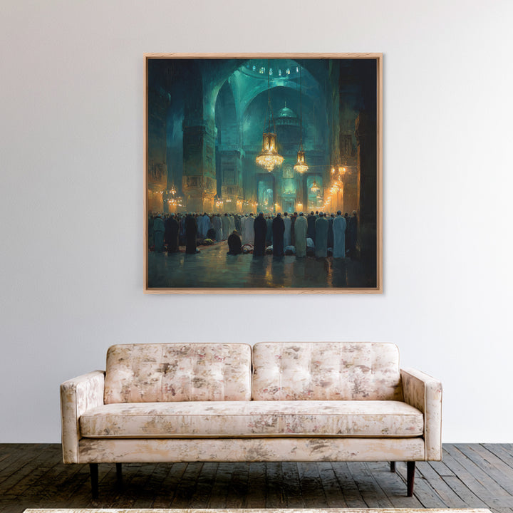 Teal Mosque Prayer Hall With Golden Chandeliers Canvas Print, Islamic Wall Decor, Spiritual Fine Art, Ramadan Gift, Elegant Home Decor