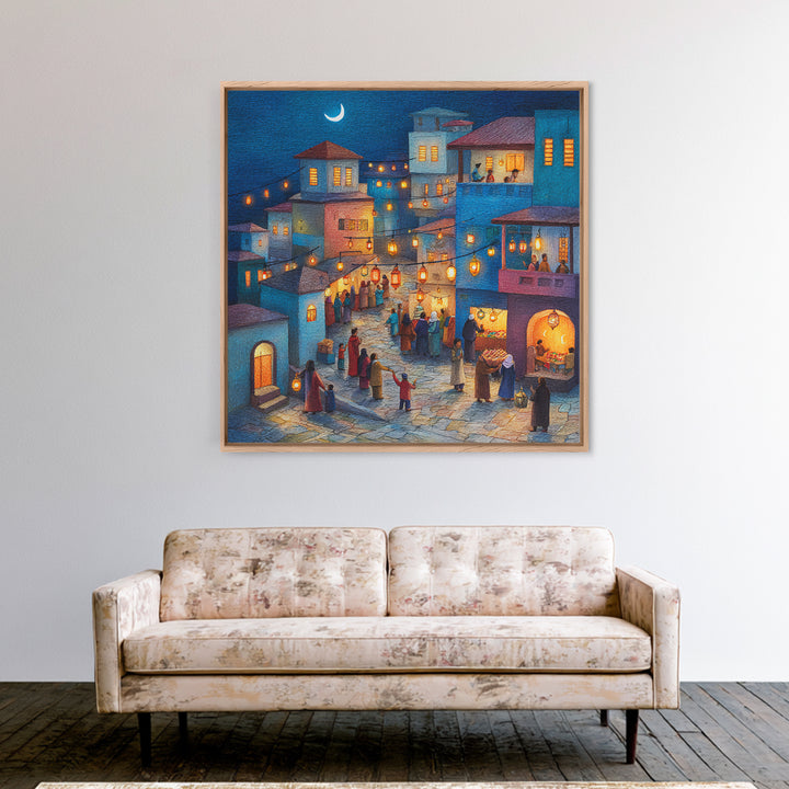 Moonlit Lantern Village Wall Art, Middle Eastern Night Market Canvas Print, Ramadan Decor, Cozy Blue Homes, Housewarming Gift