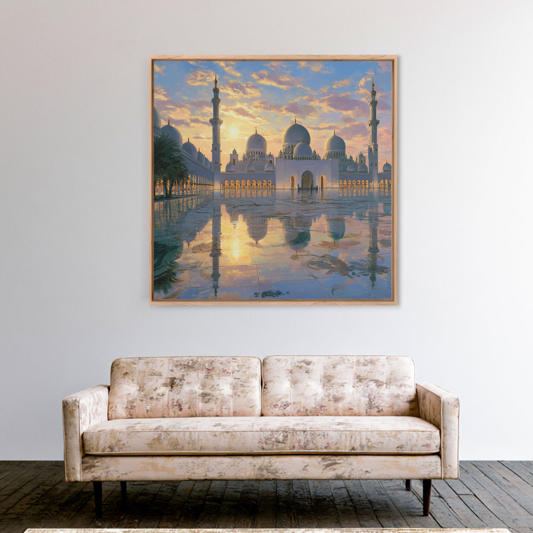 White Grand Mosque At Sunset Framed Canvas Print, Islamic Wall Art, Abu Dhabi Architecture, Spiritual Decor, Luxury Home Decor