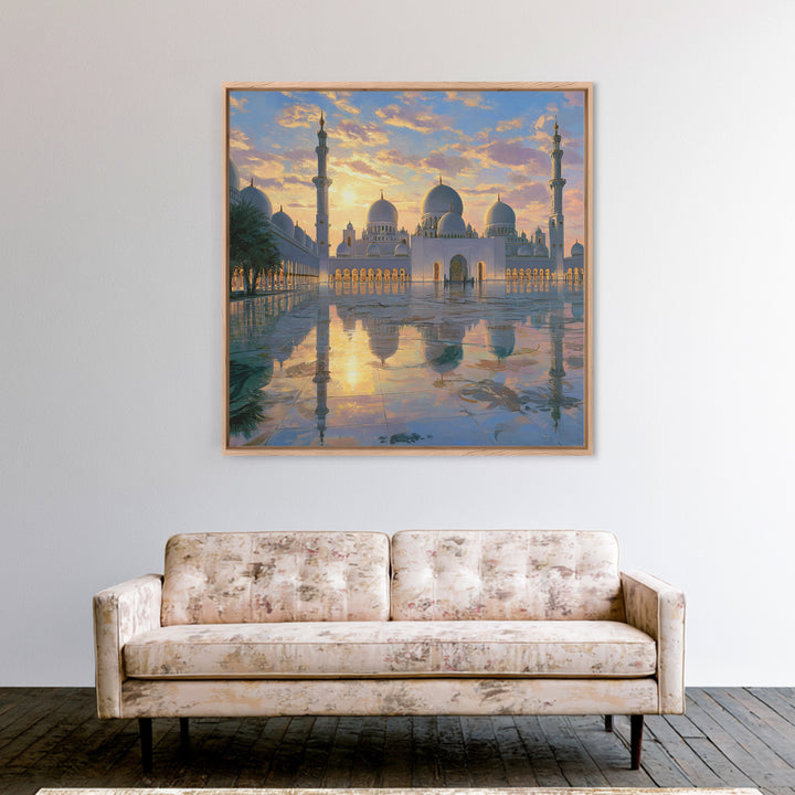 White Grand Mosque At Sunset Framed Canvas Print, Islamic Wall Art, Abu Dhabi Architecture, Spiritual Decor, Luxury Home Decor