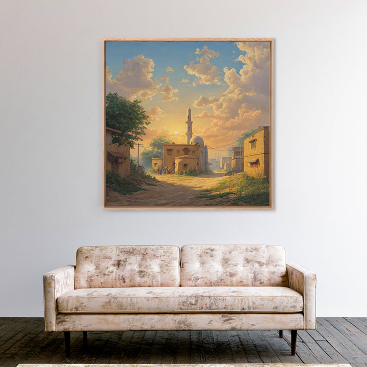 Sunlit Village Mosque At Golden Sunset Wall Art, Islamic Landscape Canvas Print, Rustic Travel Decor, Serene Home Gift For Living Room