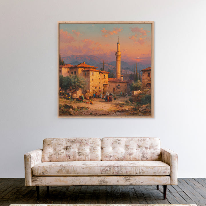 Sunset Village With Minaret Wall Art, Mediterranean Landscape Print, Islamic Architecture Decor, Travel Poster For Living Room