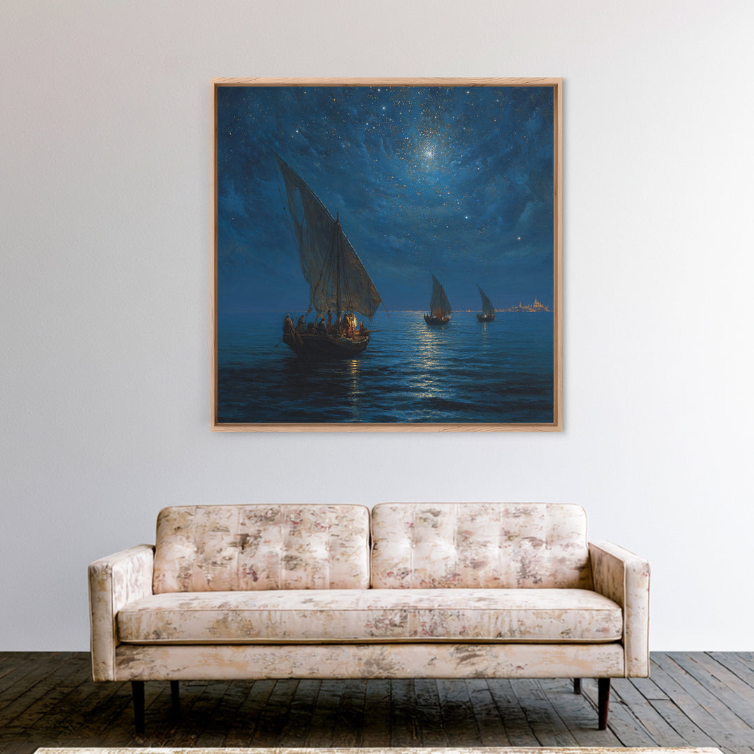 Starry Night Sailboats On Moonlit Sea Wall Art, Nautical Coastal Canvas Print, Ocean Landscape Decor, Romantic Travel Gift