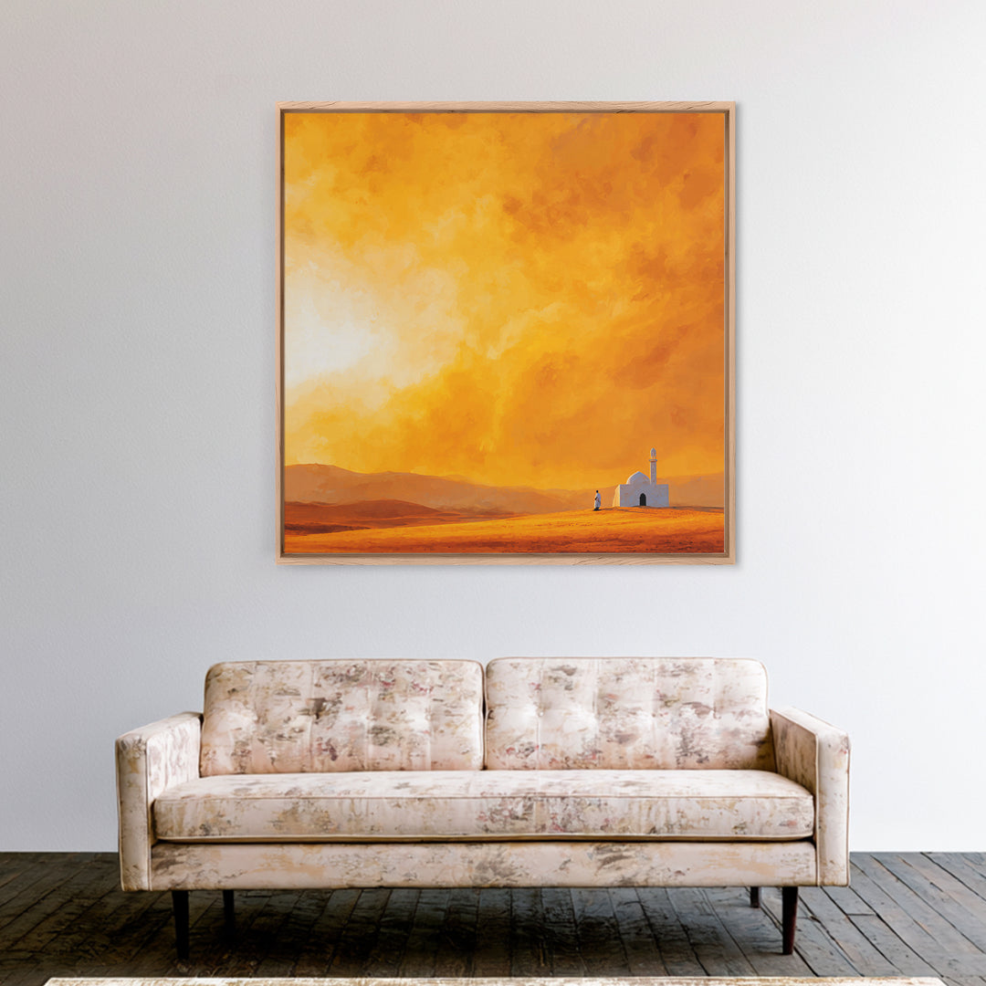 Glowing Orange Desert Mosque Canvas Print, Minimalist Landscape Art, Islamic Wall Decor, Warm Neutral Home Decor Gift Idea