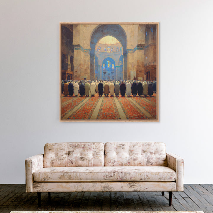 Grand Mosque Prayer Scene Wall Art, Islamic Home Decor, Framed Canvas Print, Spiritual Architecture, Ramadan Gift, Muslim Wall Decor