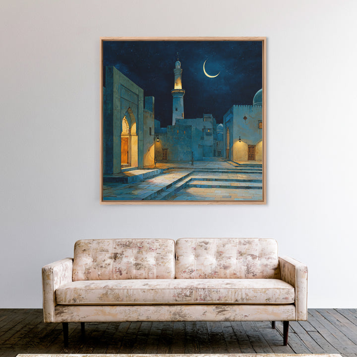 Blue Moonlit Mosque Courtyard With Crescent Moon Wall Art, Islamic Wall Decor, Celestial Night Print, Serene Home Decor Gift