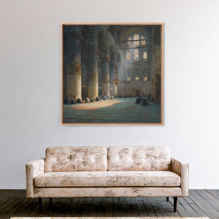 Sunlit Mosque Prayer Hall Framed Canvas Print, Islamic Wall Art, Arabic Architecture Decor, Spiritual Office Wall Decor Art