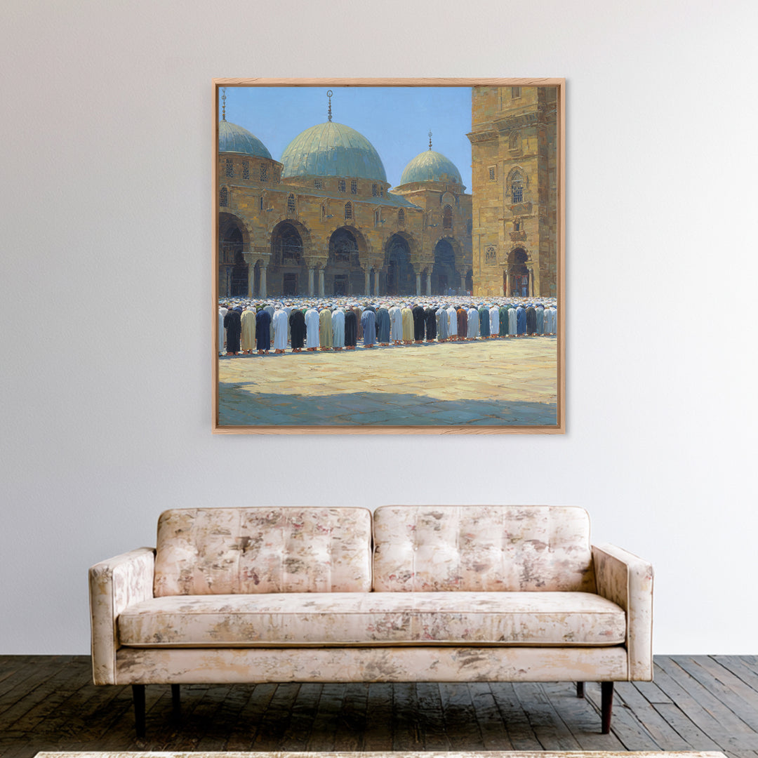 Sunlit Mosque Courtyard Prayer Wall Art, Islamic Architecture Canvas Print, Muslim Home Decor, Ramadan Gift, Spiritual Decor