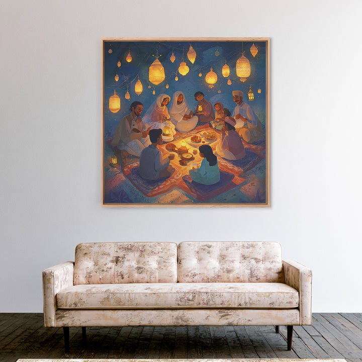 Ramadan Family Lantern Picnic Wall Art, Islamic Canvas Print, Eid Decor, Muslim Home Decor, Housewarming Gift For Living Room