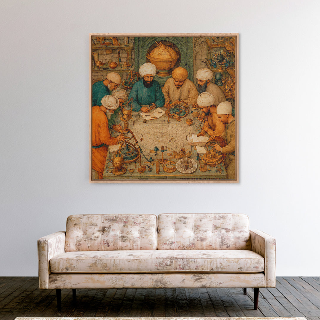 Medieval Astronomers Studying Celestial Maps Wall Art, Islamic Science Illustration Canvas Print For Library Office Decor