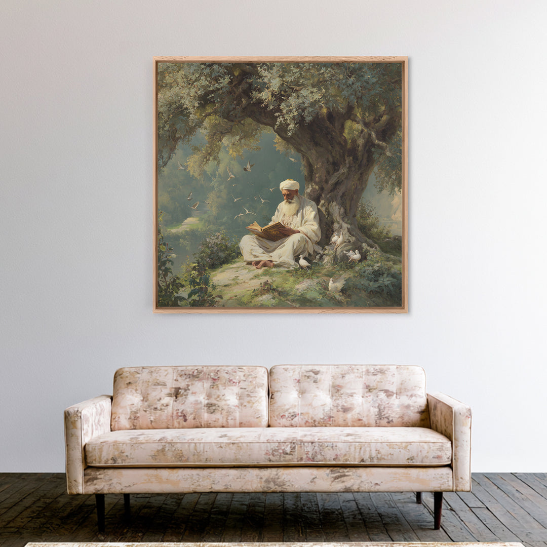 Scholar Reading Beneath Ancient Olive Tree With Doves Canvas Print, Islamic Wall Art, Spiritual Home Decor, Prayer Room Gift