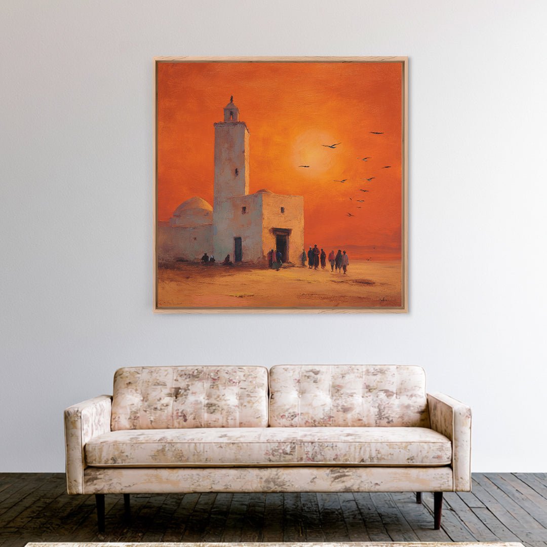 Orange Desert Mosque Sunset With Birds Wall Art, Moroccan Wall Decor, Islamic Home Decor, Travel Poster, Housewarming Gift