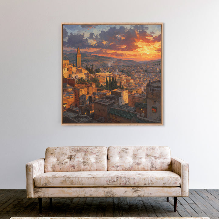 Moroccan City Rooftops At Sunset Wall Art, Marrakech Travel Canvas Print, Warm Mediterranean Living Room Decor Housewarming Gift